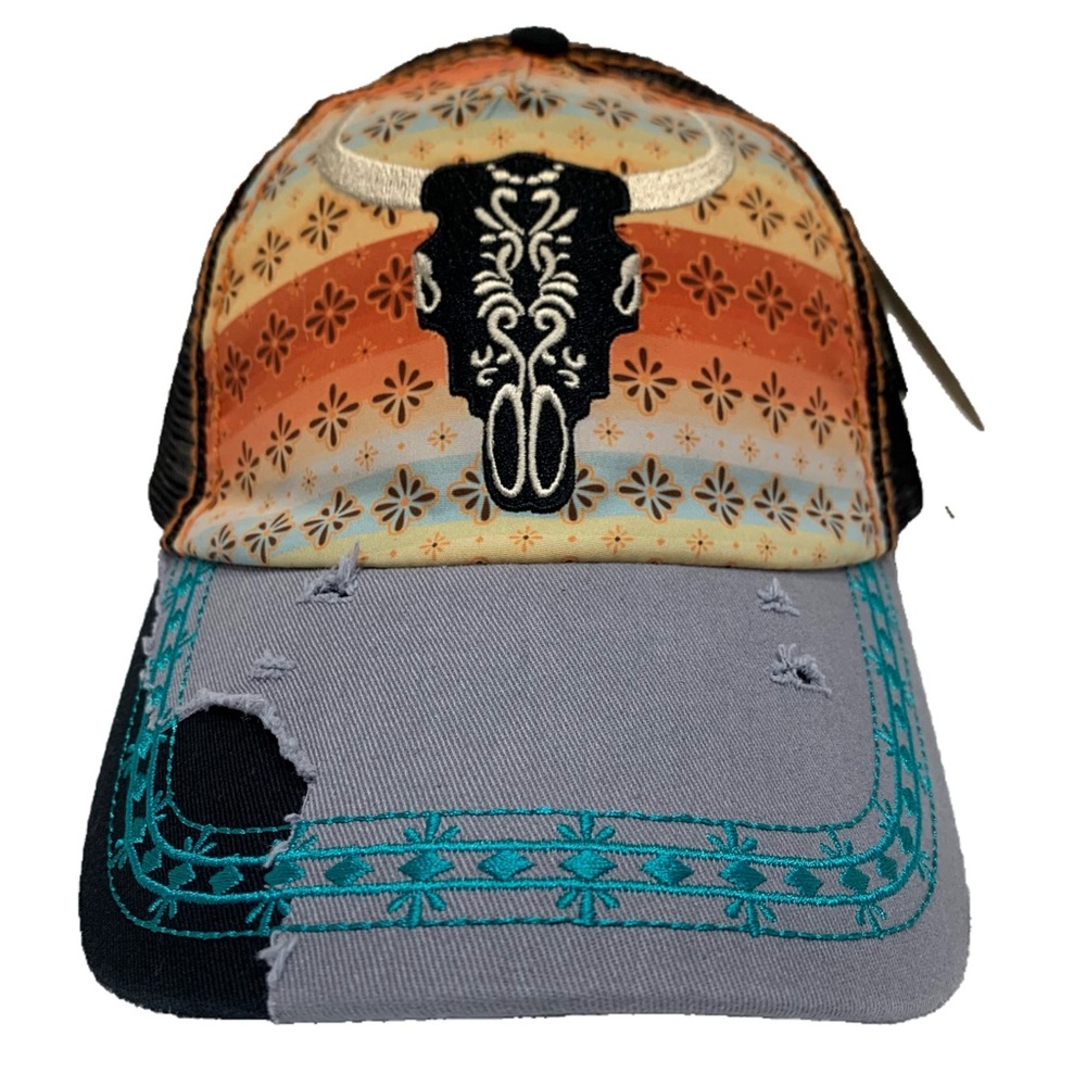 CATCHFLY WOMEN'S STEER HEAD EMBROIDERED DISTRESSED PONYTAIL BALL CAP